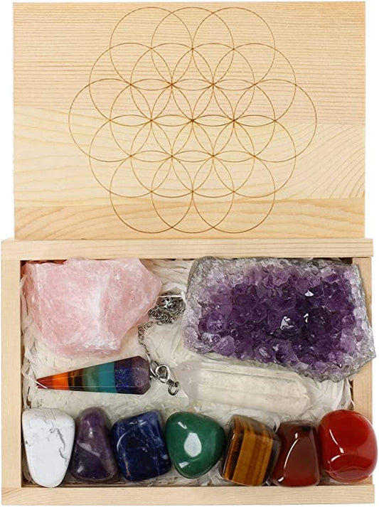 TruEnergy Premium Crystals And Healing Stones In Wooden Box - 11 Piece Kit - 7 Chakra Stones, Rose Quartz, Amethyst Custer, Clear Quartz, Chakra Pendulum