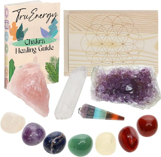 Large Crystals and Healing Stones Kit in Wooden Box with EBOOK - 7 Ckara Tumbled Gemstones, Amethyst Cluster, Clear Quartz Point, Rough Rose Quartz, Chakra Pendulum, Chakra Board - 15 Chapters